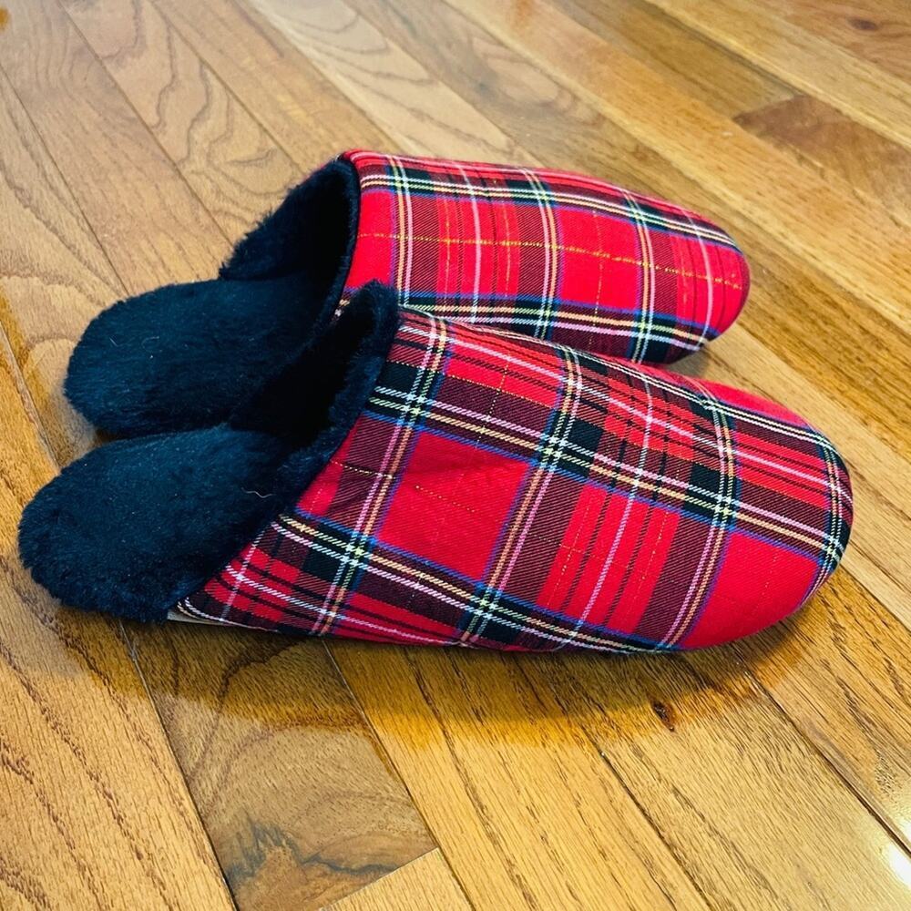 J. Crew Tartan Plaid Sherpa Lined Slippers Red Size 10 - Picture 2 of 5